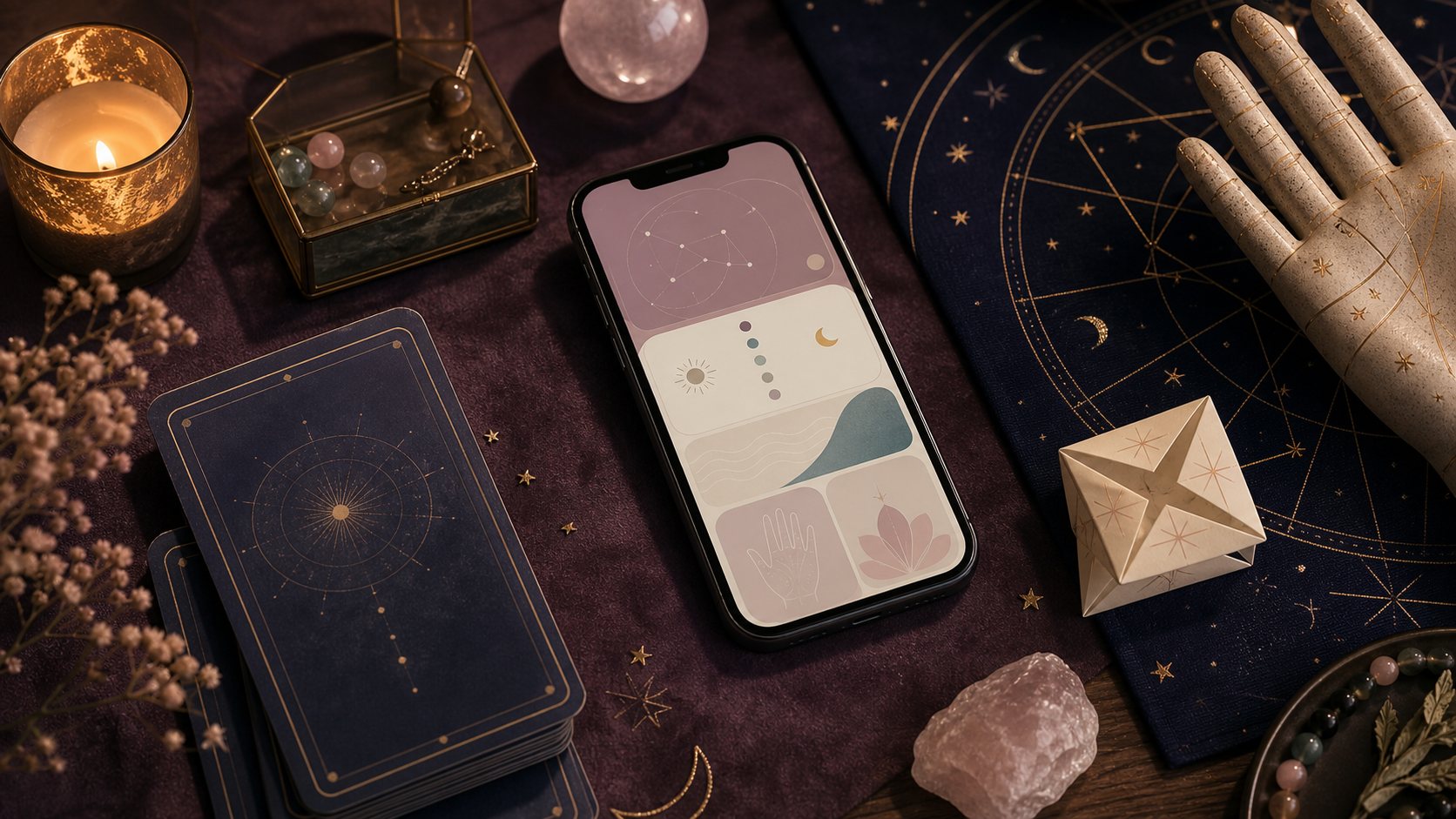 占いアプリの世界観を示すタロット、星図、スマートフォンの生成イラスト